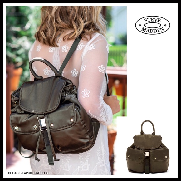 Steve Madden Handbags - STEVE MADDEN MINI BACKPACK ARMY GREEN & SILVER BUCKET BAG A3C